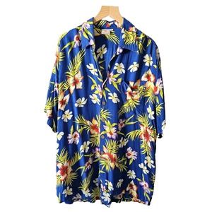 Pineapple Moon Sz L/XL Blue Hawaiian Tropical Floral Rayon Shirt *Missing Button
